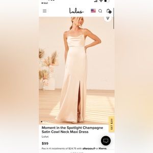 NWT- lulus Moment in the Spotlight Champagne Satin Cowl Neck Maxi Dress